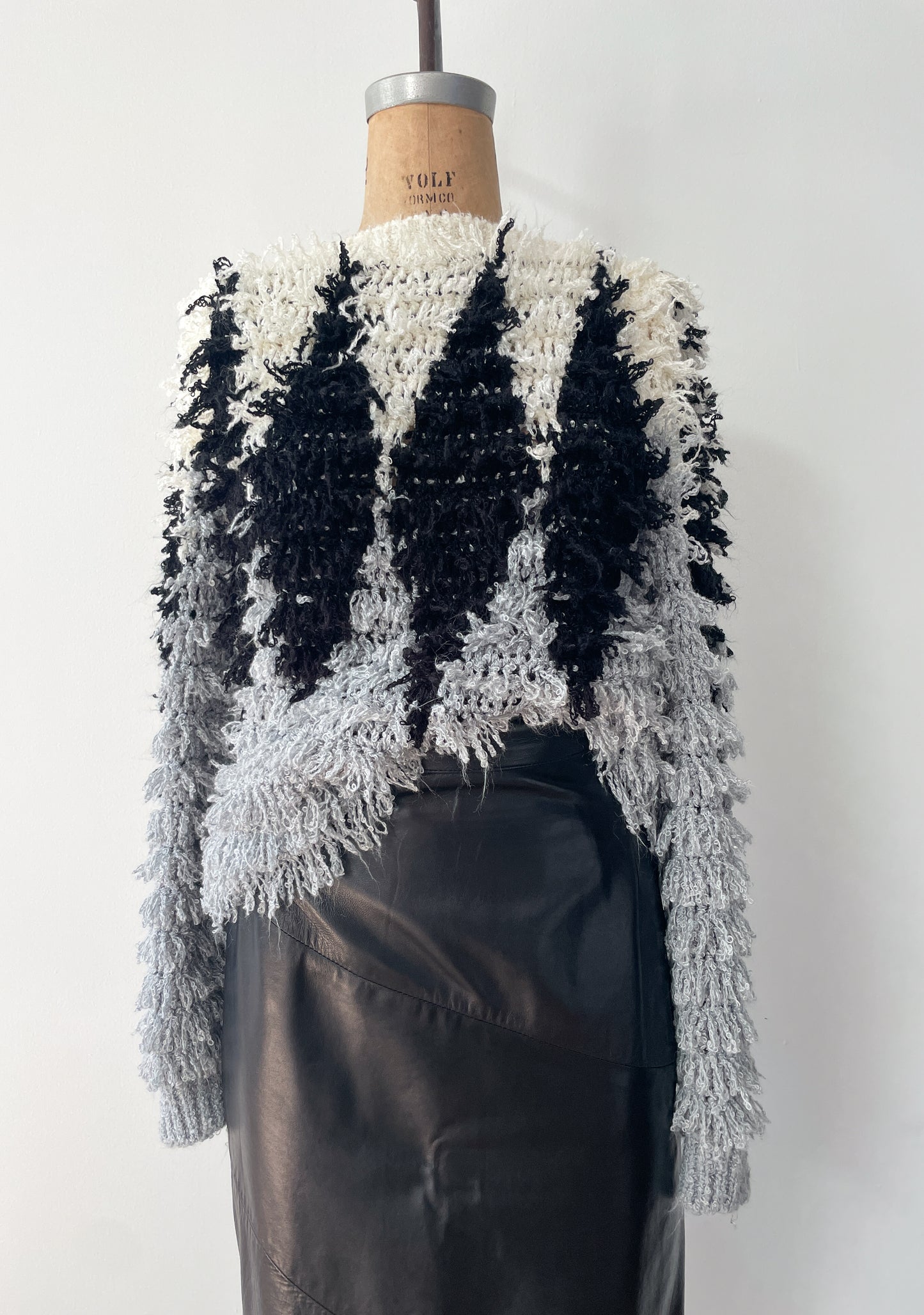 1980s Vintage Shaggy Yarn Open Knit Grayscale Diamond Sweater