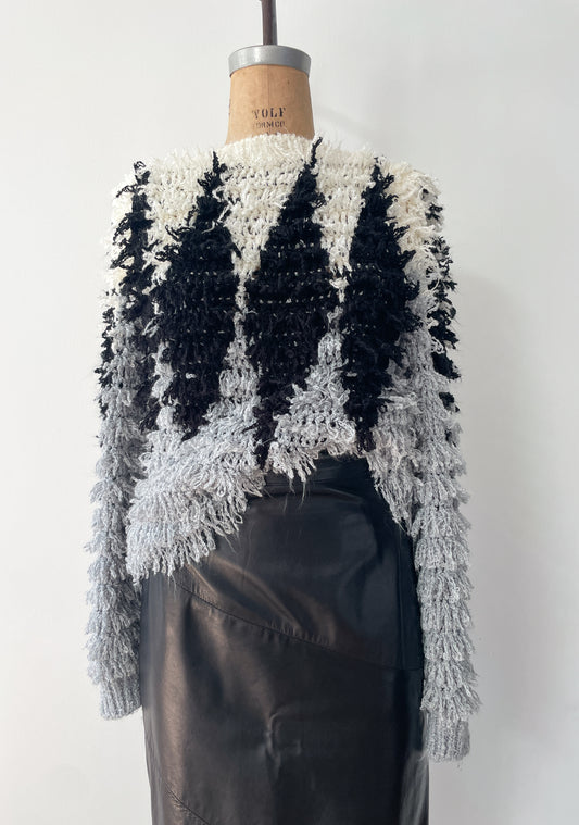 1980s Vintage Shaggy Yarn Open Knit Grayscale Diamond Sweater
