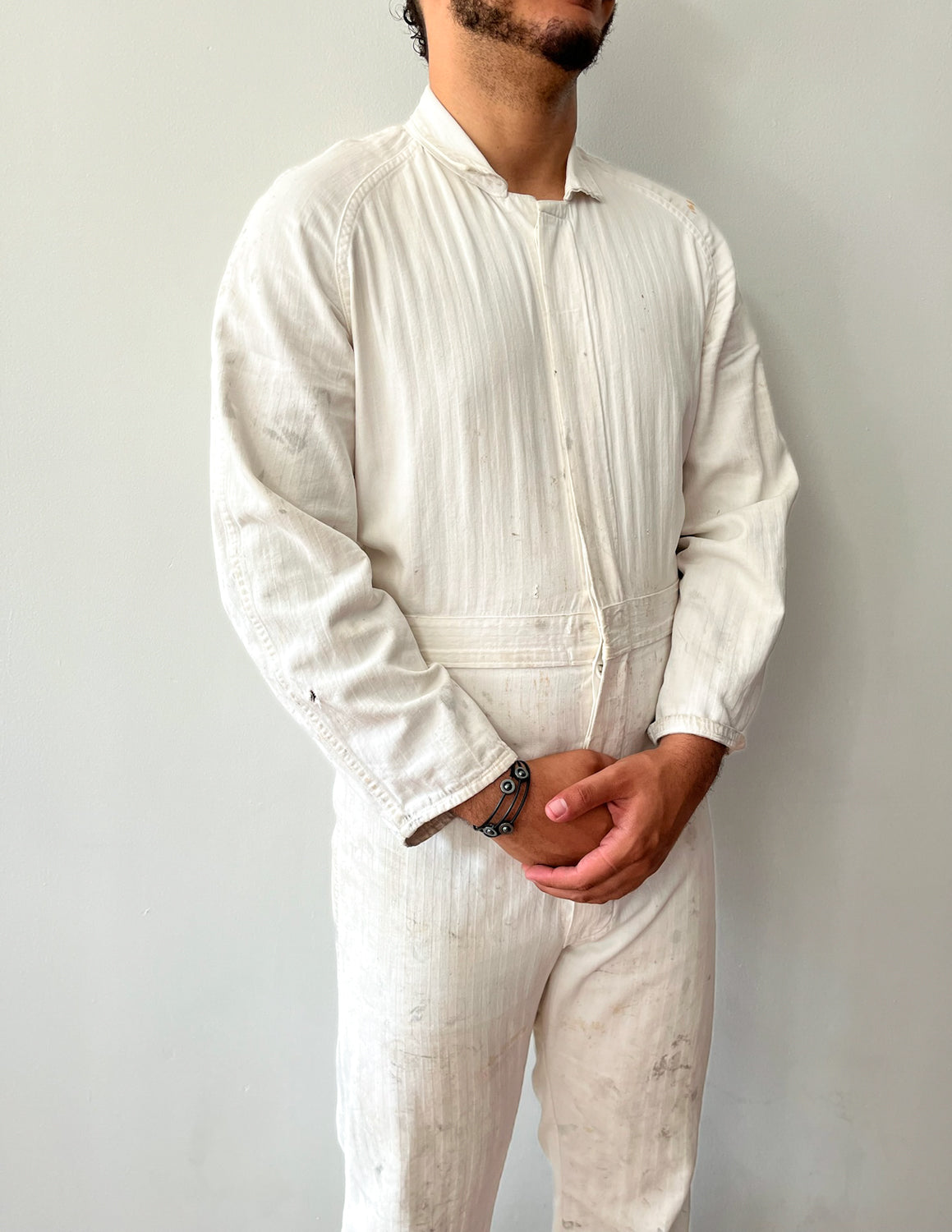 1950s Worked In, Thrashed, White Muted Striped Reverse Herringbone Painter's Cotton Coveralls