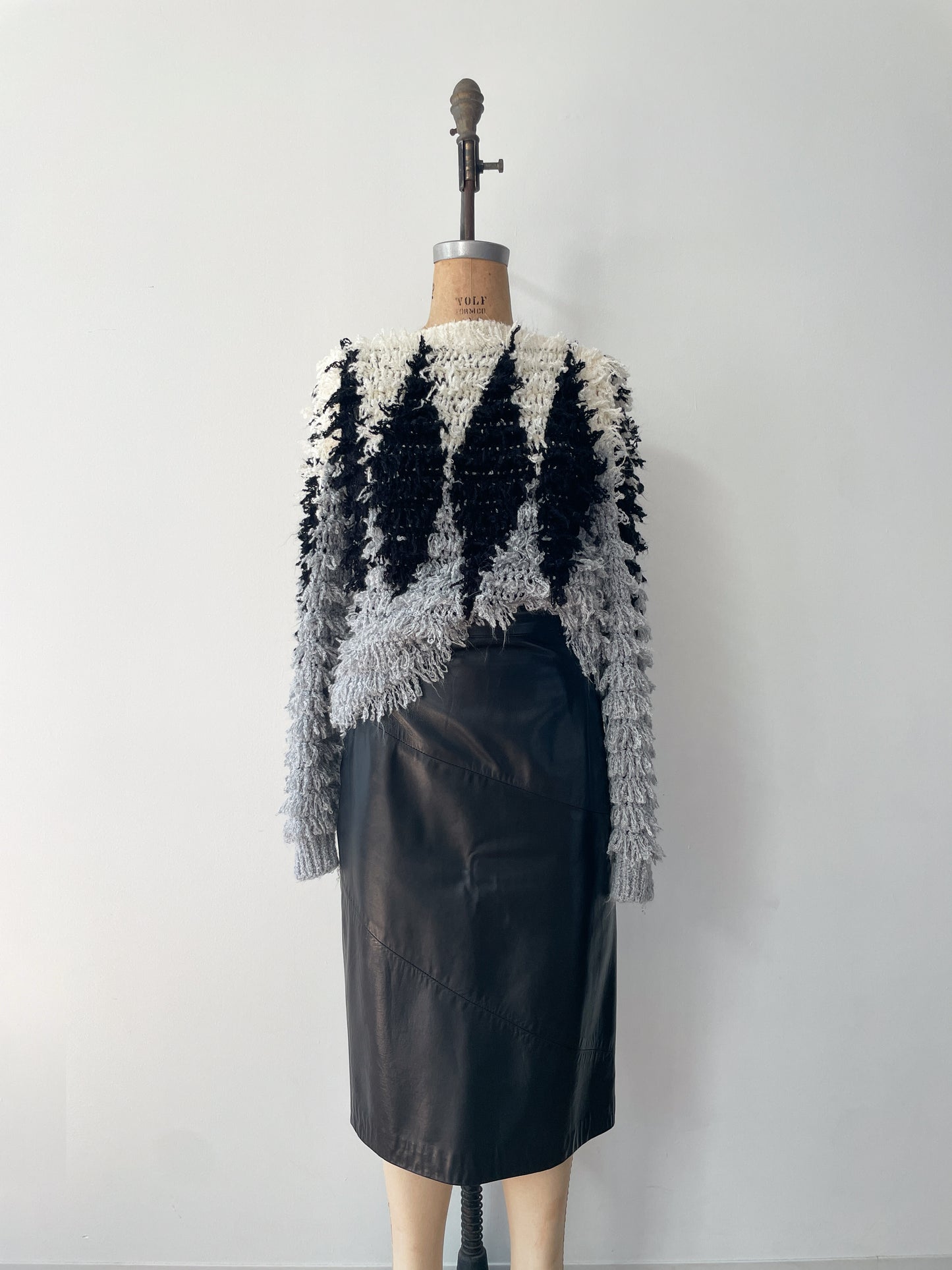 1980s Vintage Shaggy Yarn Open Knit Grayscale Diamond Sweater