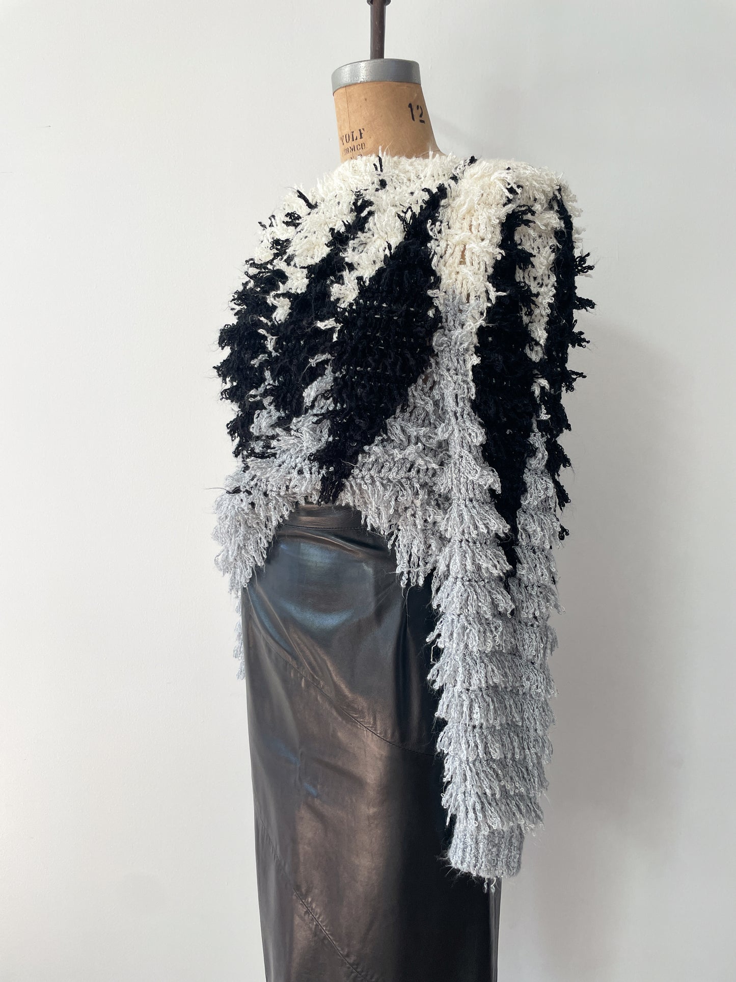 1980s Vintage Shaggy Yarn Open Knit Grayscale Diamond Sweater