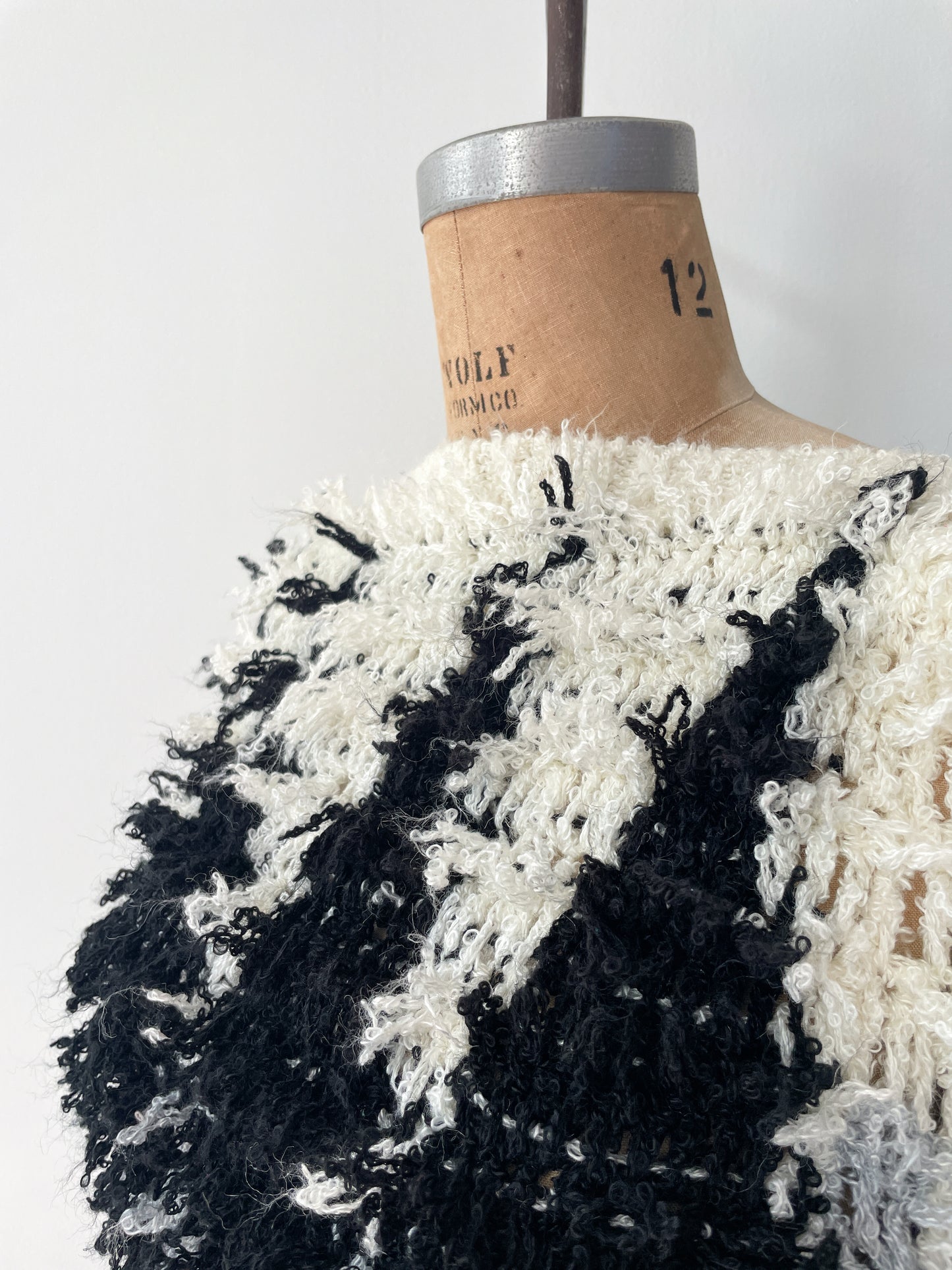 1980s Vintage Shaggy Yarn Open Knit Grayscale Diamond Sweater