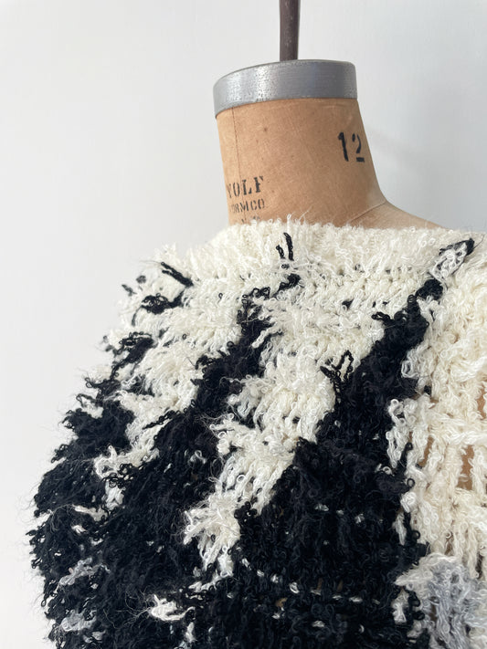 1980s Vintage Shaggy Yarn Open Knit Grayscale Diamond Sweater