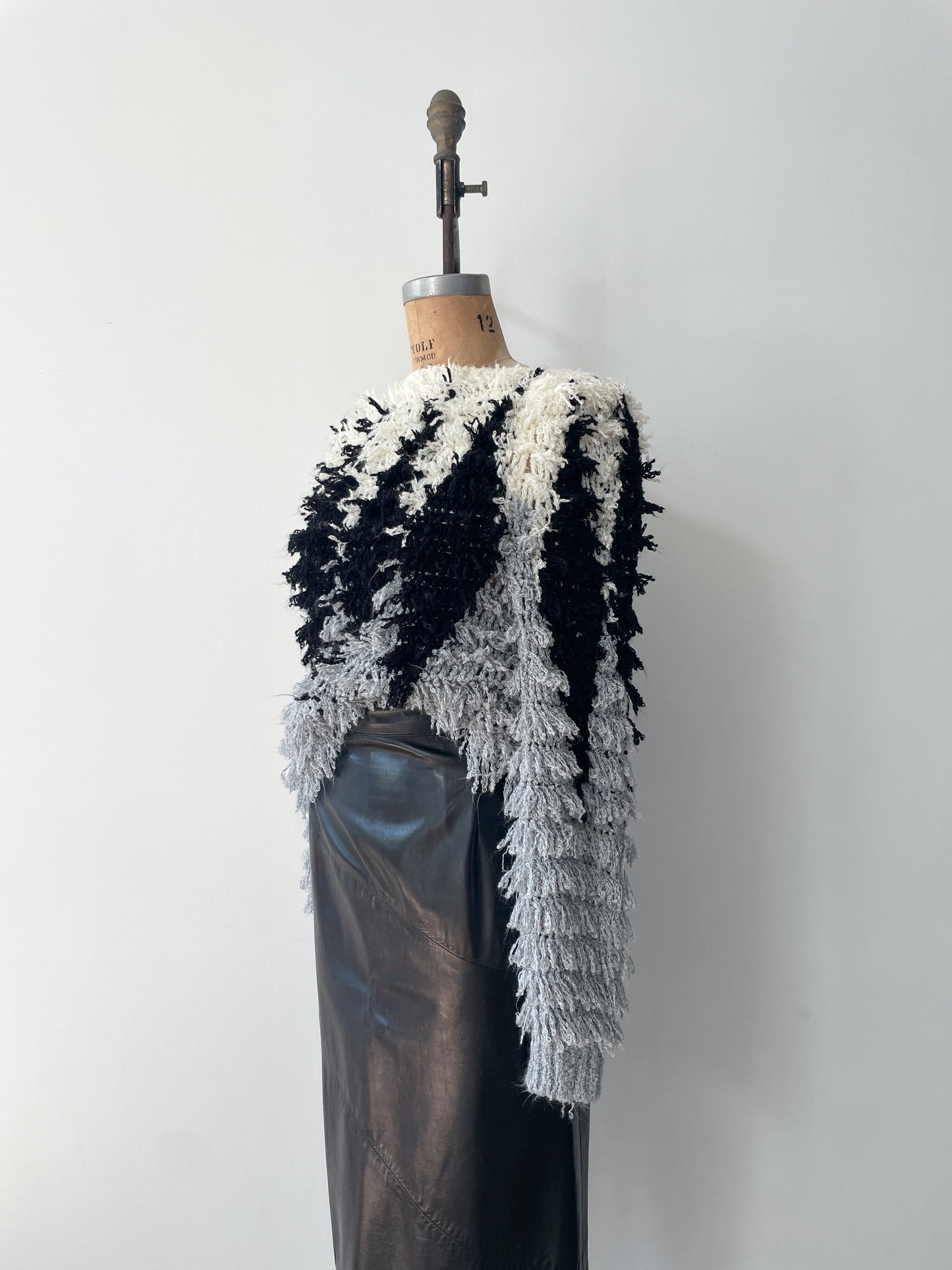 1980s Vintage Shaggy Yarn Open Knit Grayscale Diamond Sweater