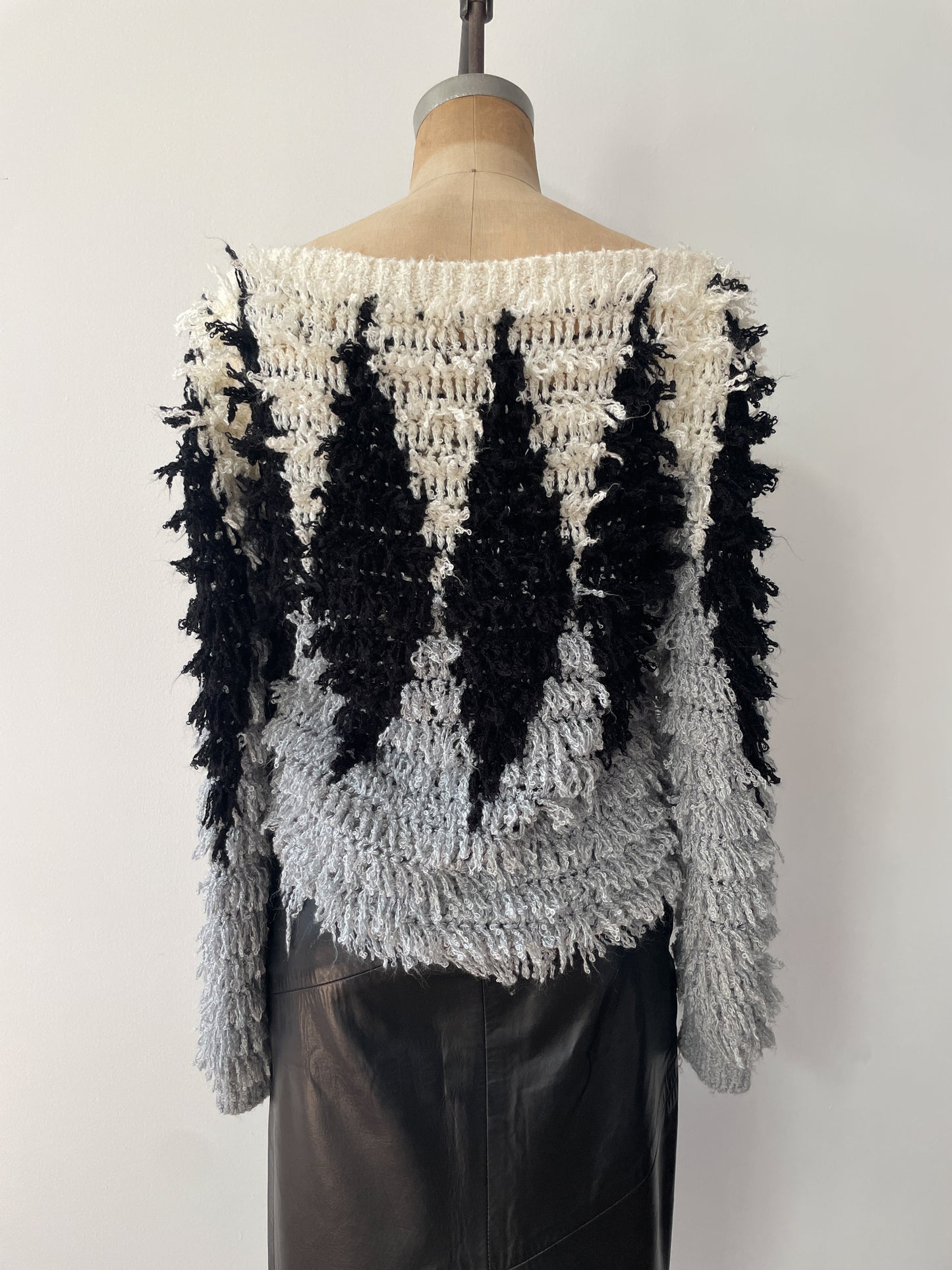 1980s Vintage Shaggy Yarn Open Knit Grayscale Diamond Sweater