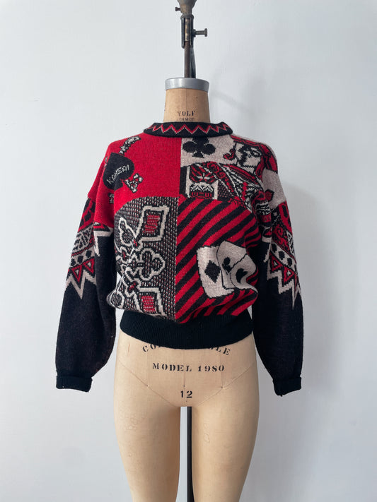 1980s Vintage Kansai Yamamoto 02 Playing Card Wool Knit Sweater Japanese Designer