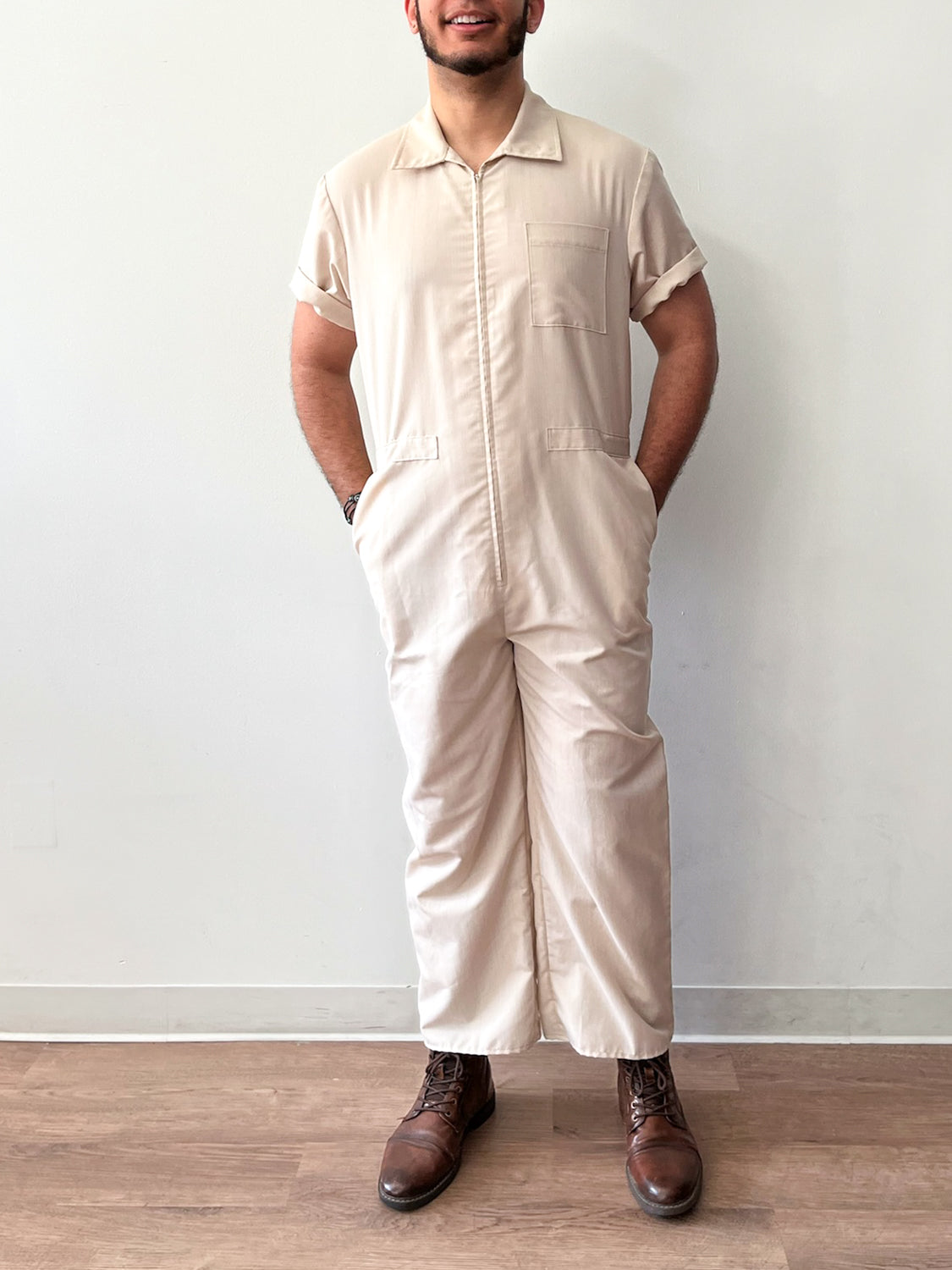 1970s Vintage Ivory Tiny Pin Stripe Wide Leg Zip Jumpsuit