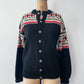 1950s Vintage Black Cream Red 100% Wool Fair Isle Norwegian Knit Cardigan Sweater