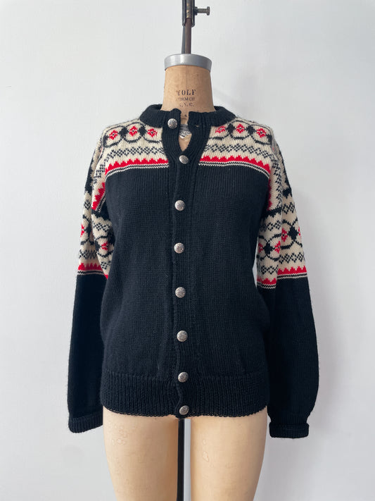 1950s Vintage Black Cream Red 100% Wool Fair Isle Norwegian Knit Cardigan Sweater