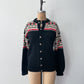 1950s Vintage Black Cream Red 100% Wool Fair Isle Norwegian Knit Cardigan Sweater