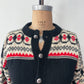 1950s Vintage Black Cream Red 100% Wool Fair Isle Norwegian Knit Cardigan Sweater