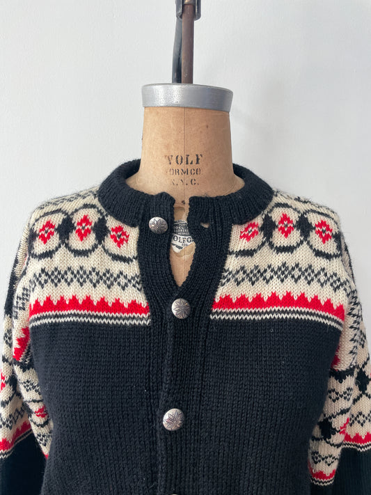 1950s Vintage Black Cream Red 100% Wool Fair Isle Norwegian Knit Cardigan Sweater