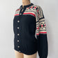 1950s Vintage Black Cream Red 100% Wool Fair Isle Norwegian Knit Cardigan Sweater
