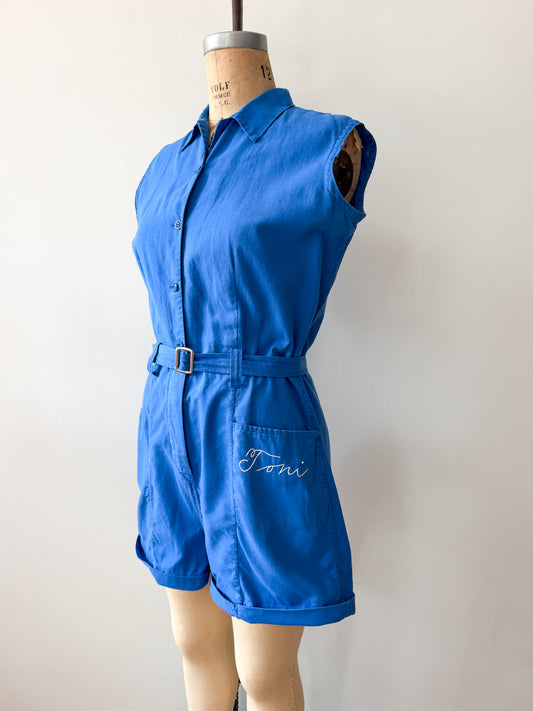 1950s Vintage Toni's Embroidered Personalized Blue Gym Uniform Romper