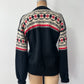 1950s Vintage Black Cream Red 100% Wool Fair Isle Norwegian Knit Cardigan Sweater