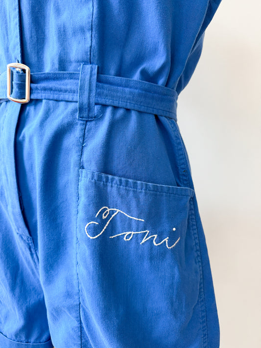 1950s Vintage Toni's Embroidered Personalized Blue Gym Uniform Romper