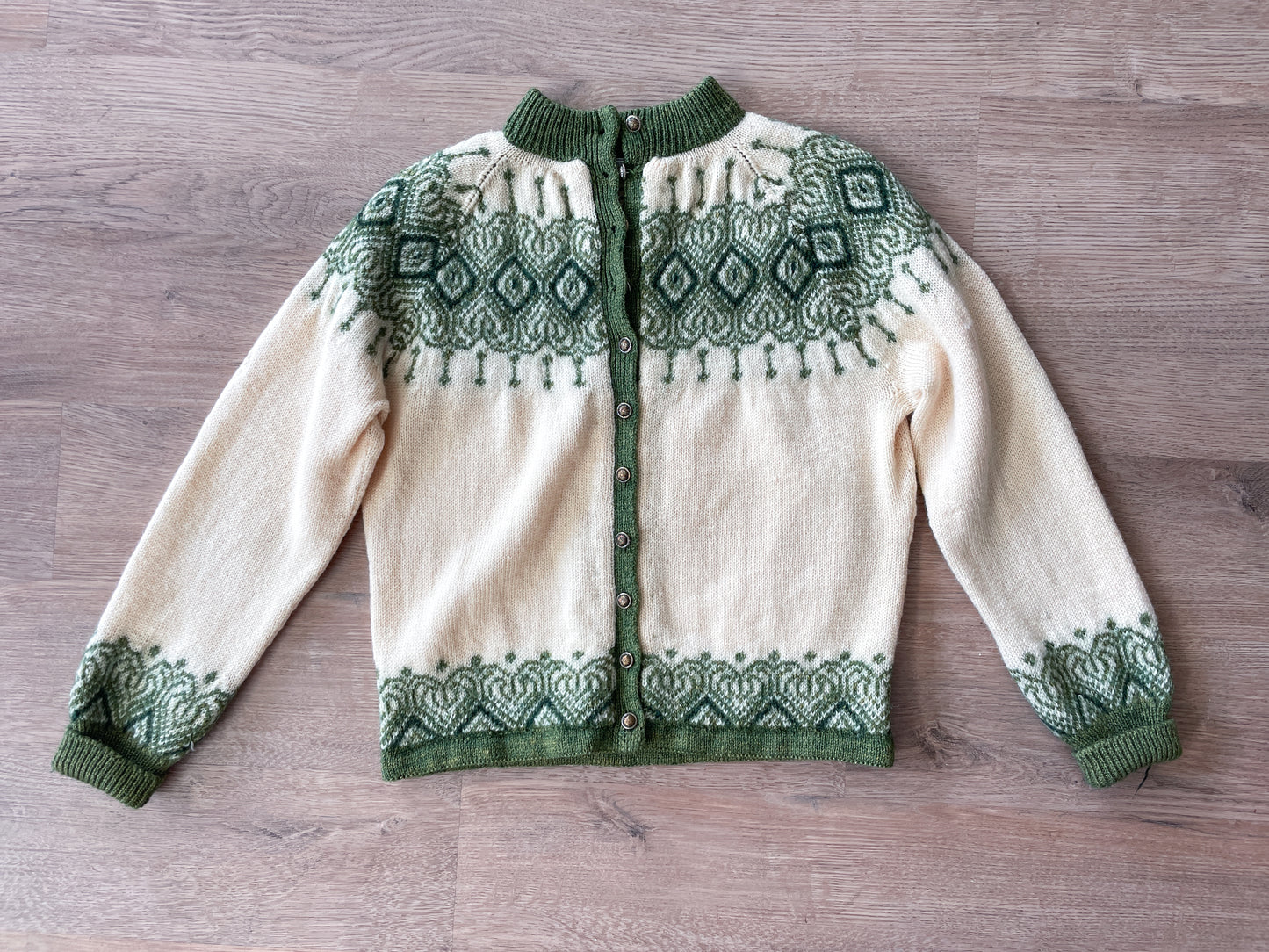 1960s Vintage Paul Mage for Saks Fifth Ave Green Fair Isle Cardigan Sweater