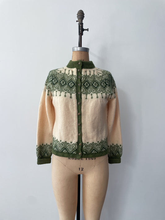 1960s Vintage Paul Mage for Saks Fifth Ave Green Fair Isle Cardigan Sweater