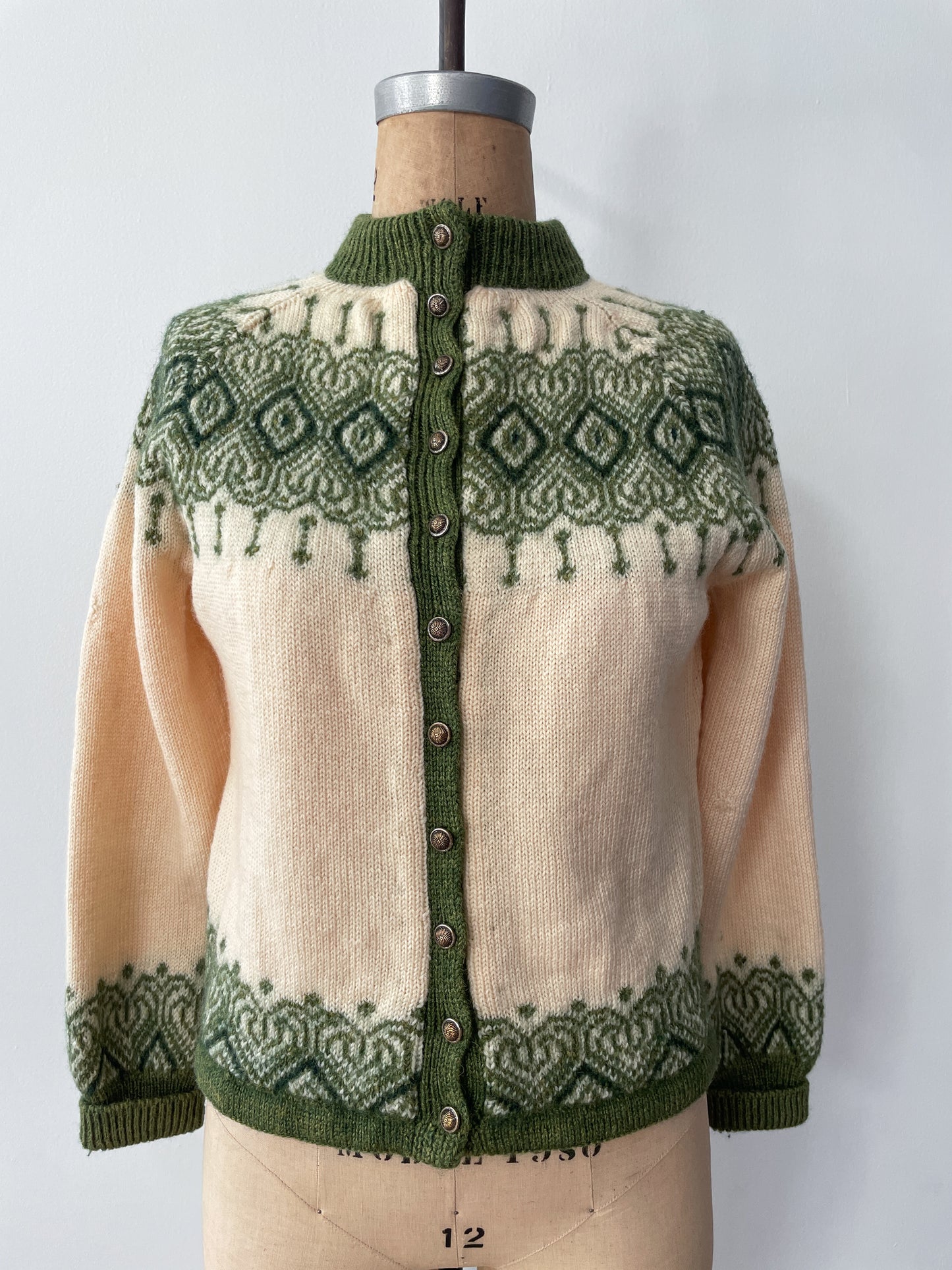 1960s Vintage Paul Mage for Saks Fifth Ave Green Fair Isle Cardigan Sweater