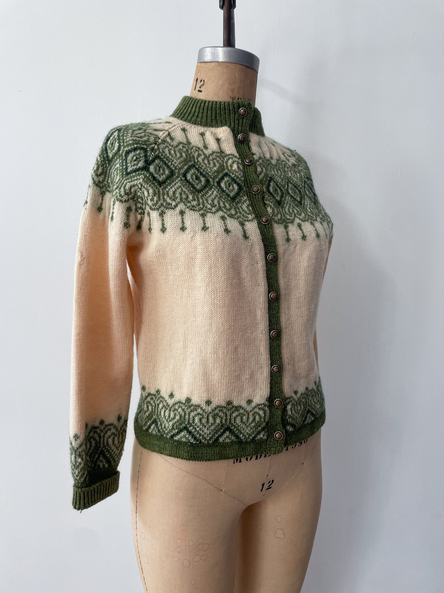1960s Vintage Paul Mage for Saks Fifth Ave Green Fair Isle Cardigan Sweater