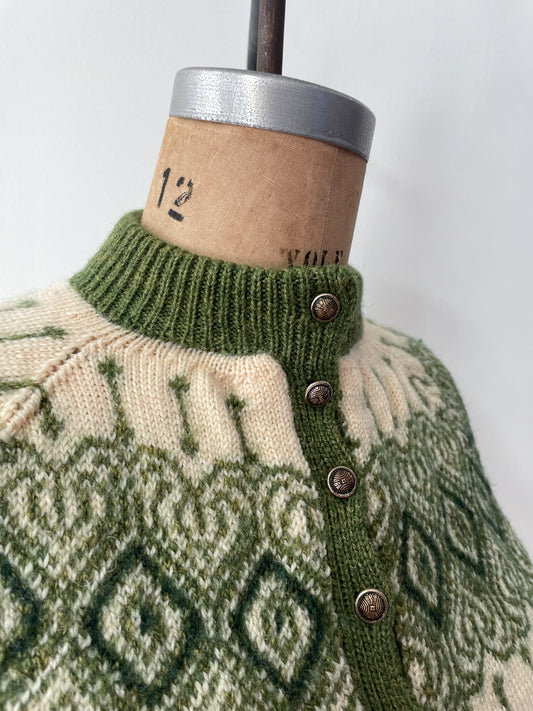 1960s Vintage Paul Mage for Saks Fifth Ave Green Fair Isle Cardigan Sweater