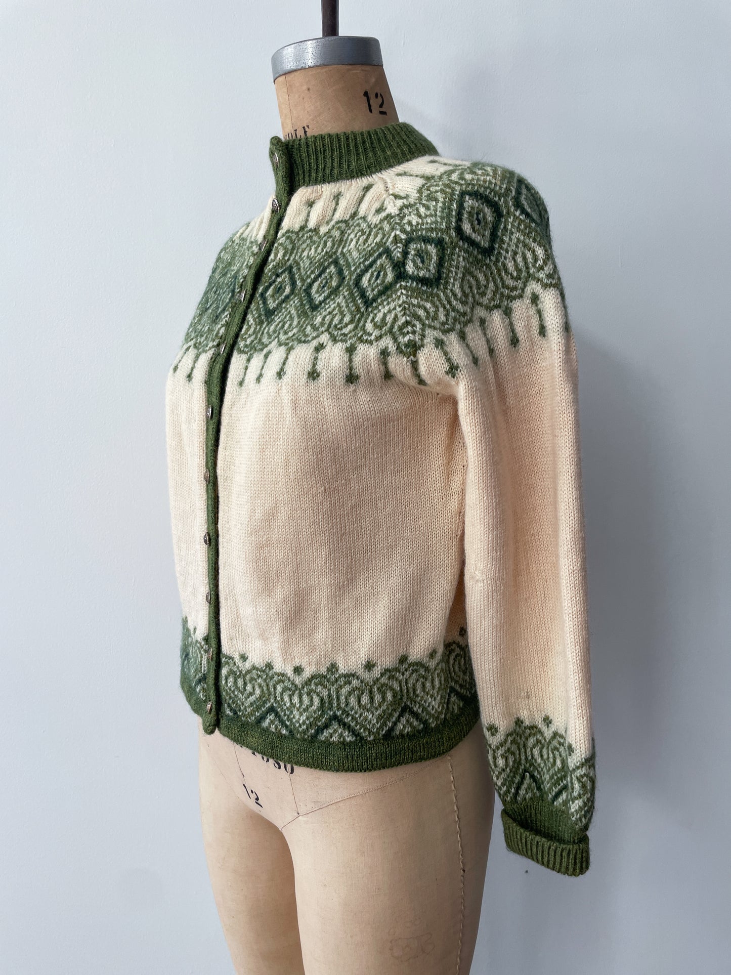 1960s Vintage Paul Mage for Saks Fifth Ave Green Fair Isle Cardigan Sweater