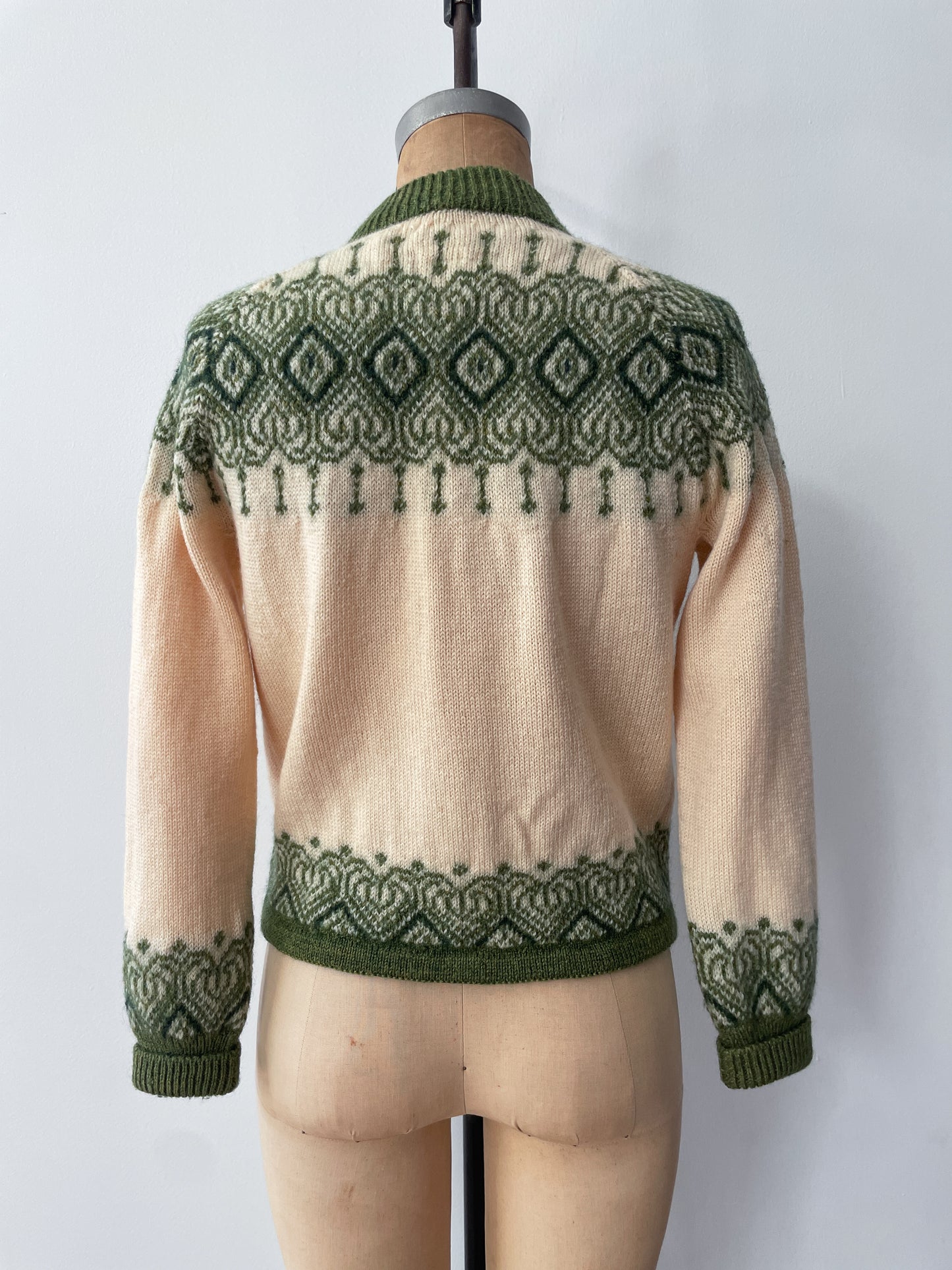 1960s Vintage Paul Mage for Saks Fifth Ave Green Fair Isle Cardigan Sweater
