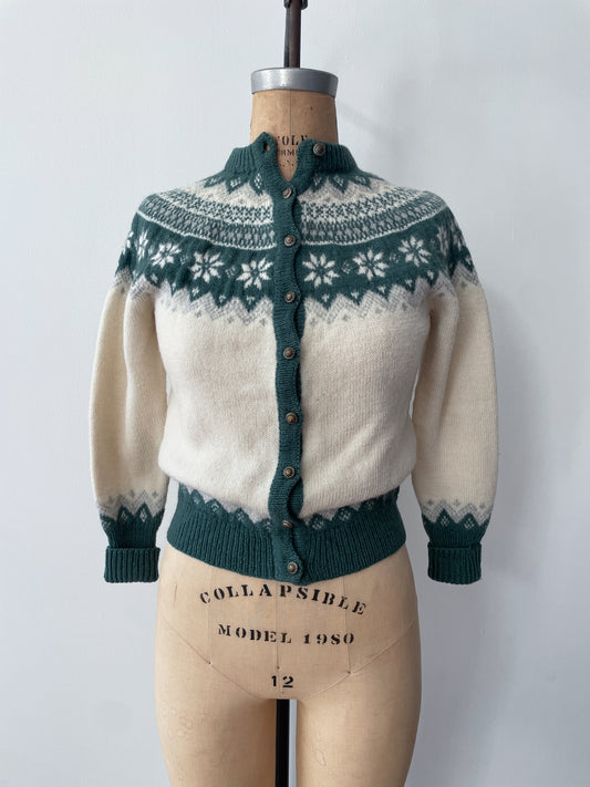 1970s Vintage Fair Isle Nordic Knit Forest Green Cardigan Sweater by Dannit Made in Denmark