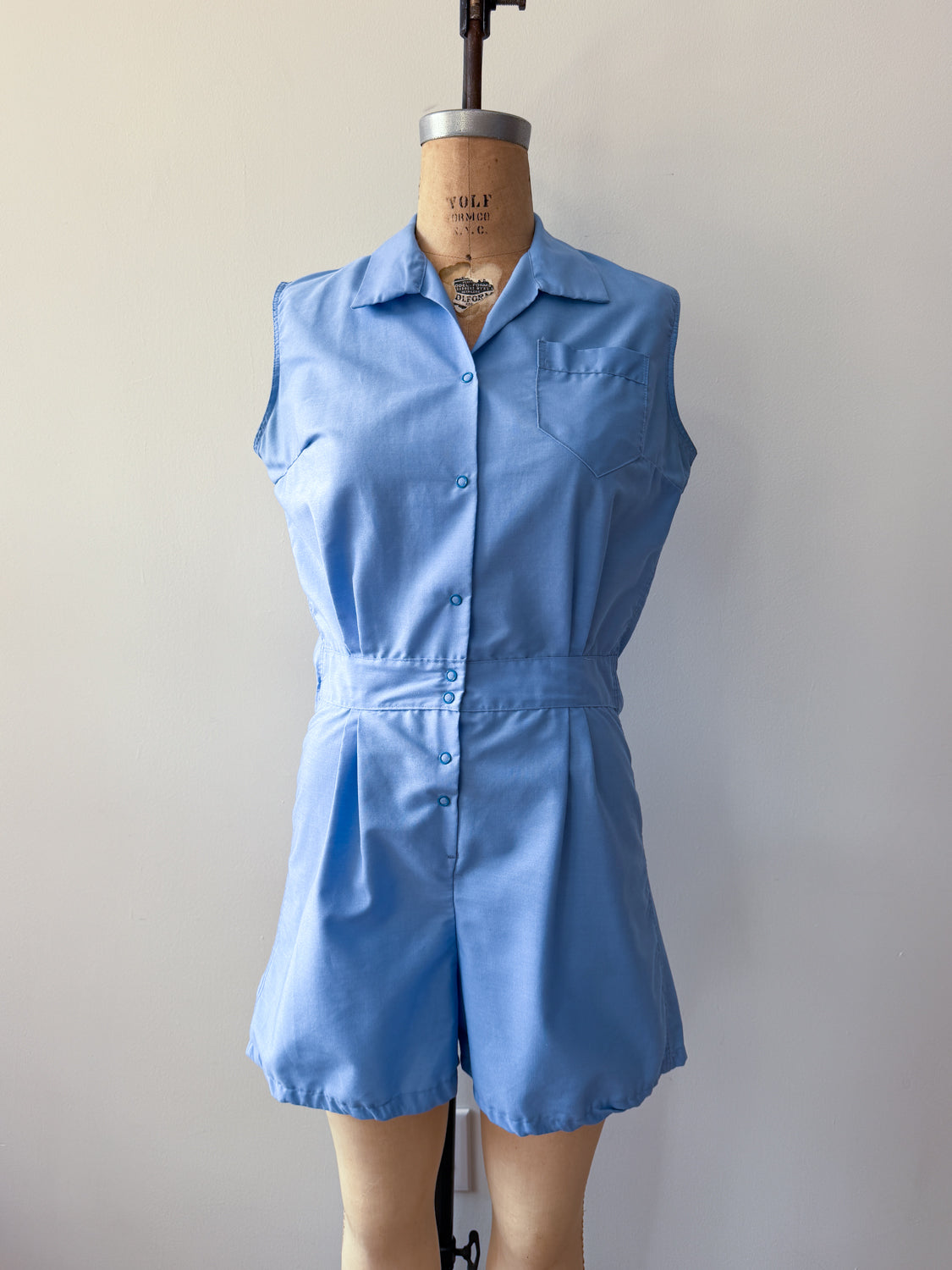 1960s Vintage Sky Blue Cotton Blend Snap Front Gym Uniform Romper