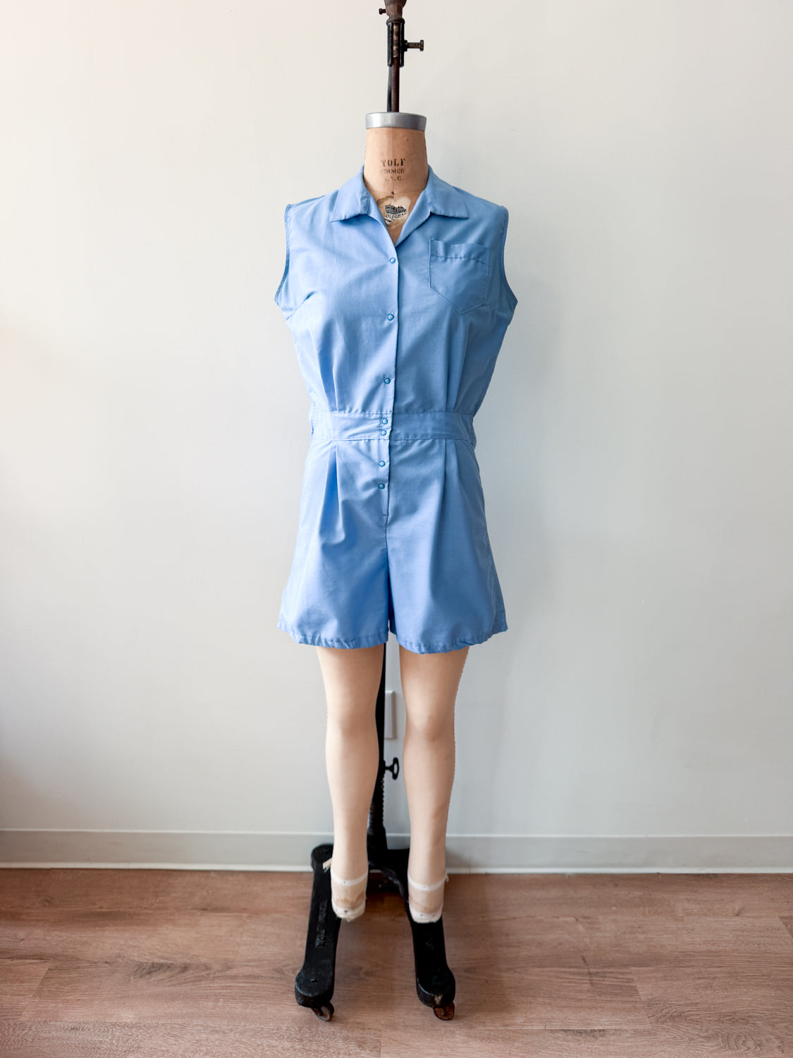 1960s Vintage Sky Blue Cotton Blend Snap Front Gym Uniform Romper