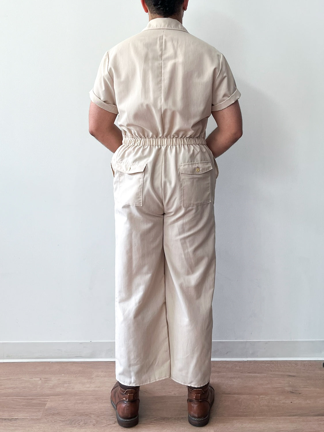 1970s Vintage Ivory Tiny Pin Stripe Wide Leg Zip Jumpsuit