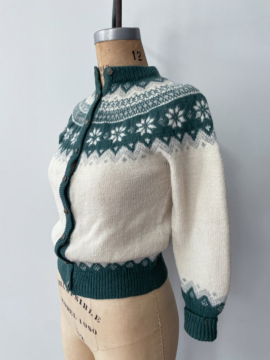 1970s Vintage Fair Isle Nordic Knit Forest Green Cardigan Sweater by Dannit Made in Denmark
