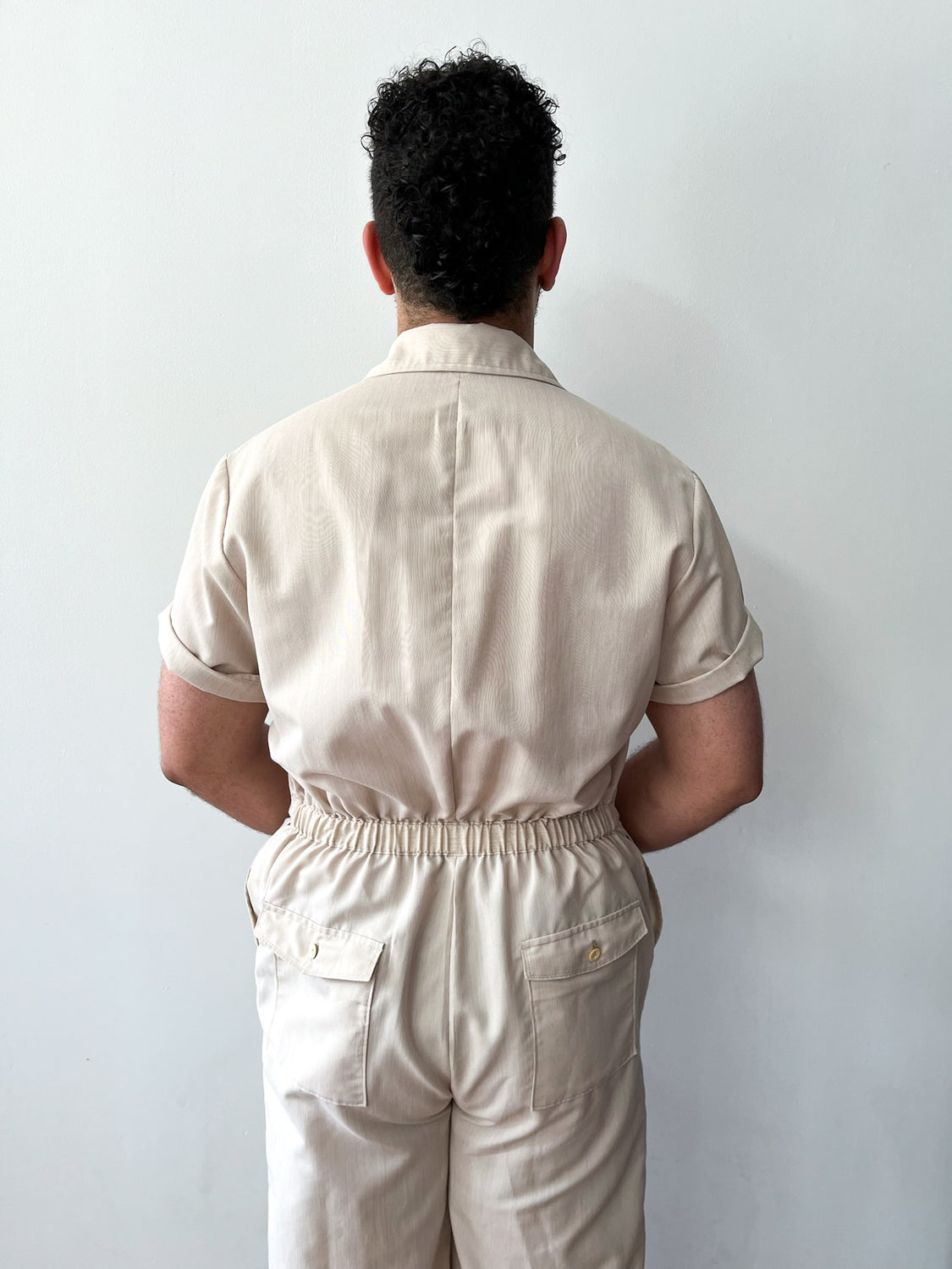 1970s Vintage Ivory Tiny Pin Stripe Wide Leg Zip Jumpsuit