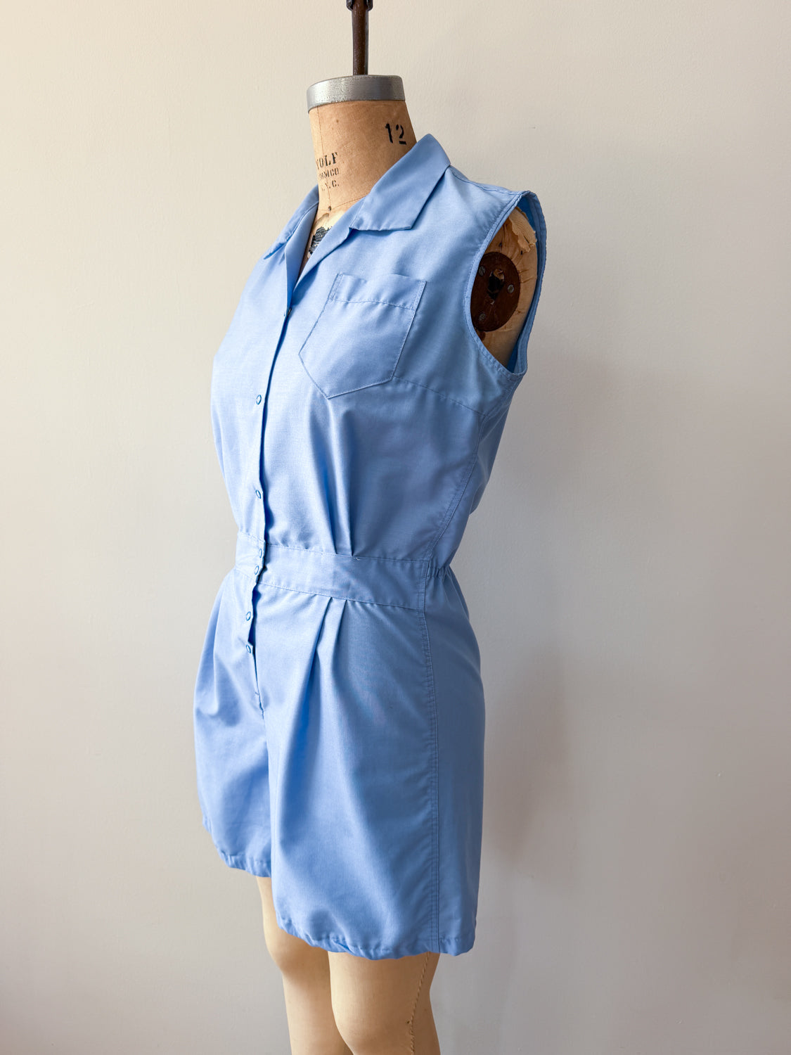 1960s Vintage Sky Blue Cotton Blend Snap Front Gym Uniform Romper