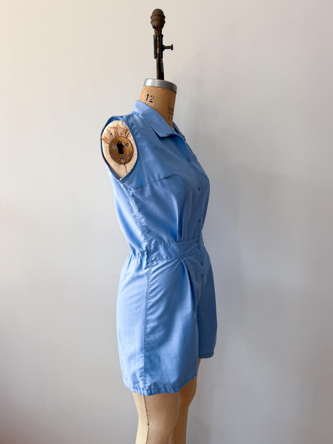 1960s Vintage Sky Blue Cotton Blend Snap Front Gym Uniform Romper