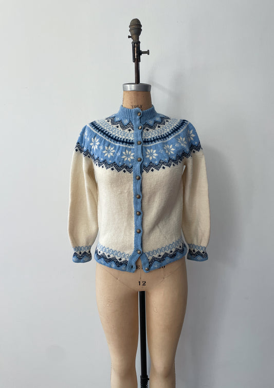 1970s Vintage Fair Isle Nordic Knit Blue Cardigan Sweater by Dannit Made in Denmark