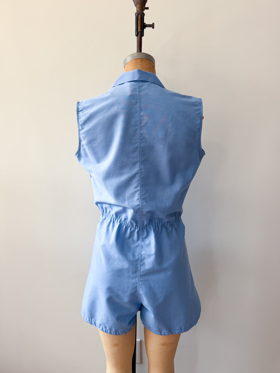 1960s Vintage Sky Blue Cotton Blend Snap Front Gym Uniform Romper