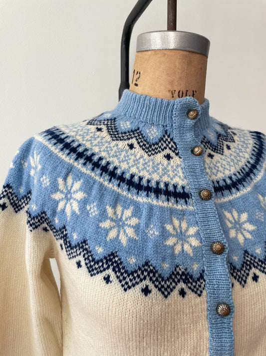 1970s Vintage Fair Isle Nordic Knit Blue Cardigan Sweater by Dannit Made in Denmark