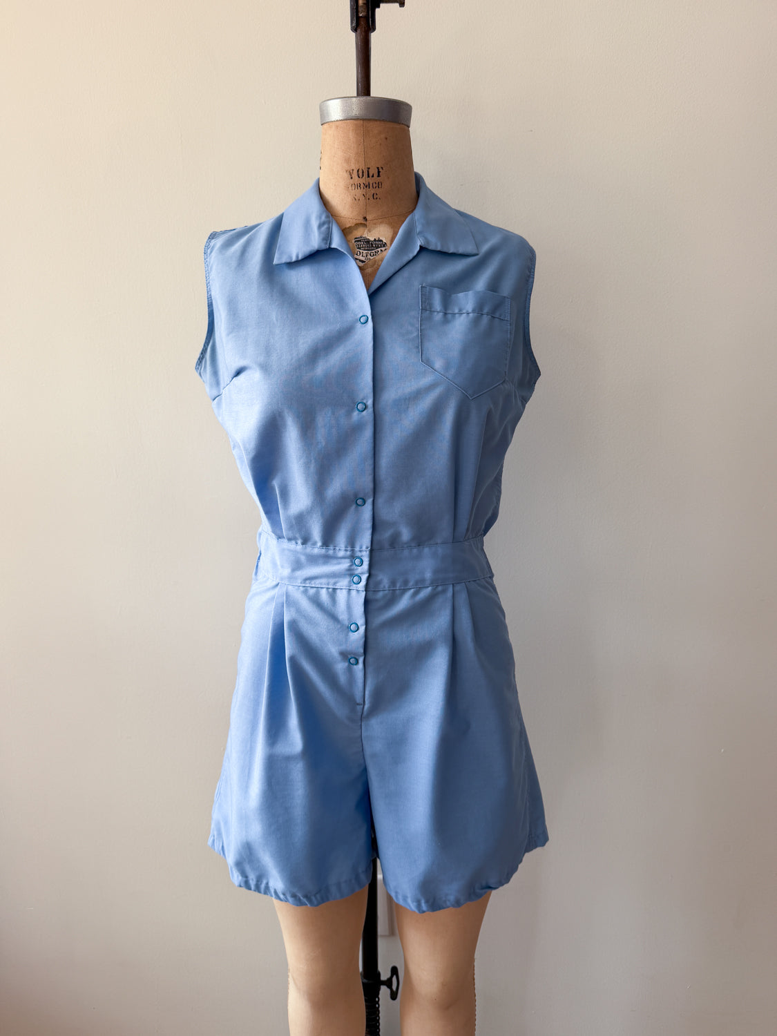 1960s Vintage Sky Blue Cotton Blend Snap Front Gym Uniform Romper