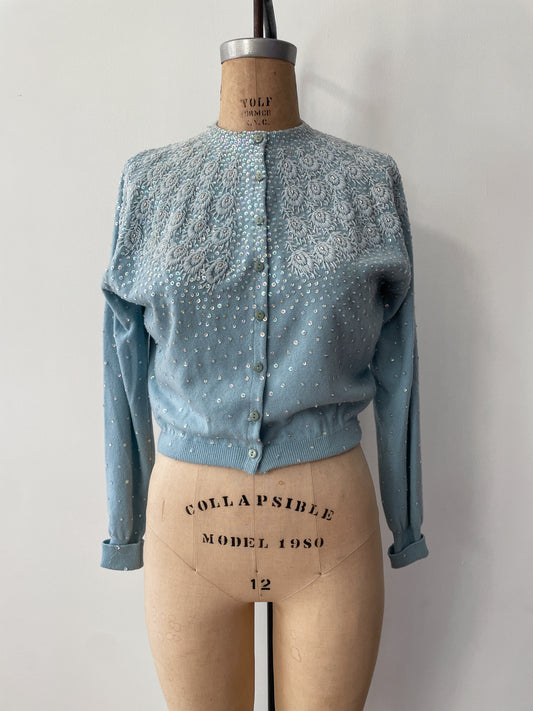 1950s Vintage Pringle of Scotland Pure 100% Cashmere Ice Blue Heavily Beaded Sweater
