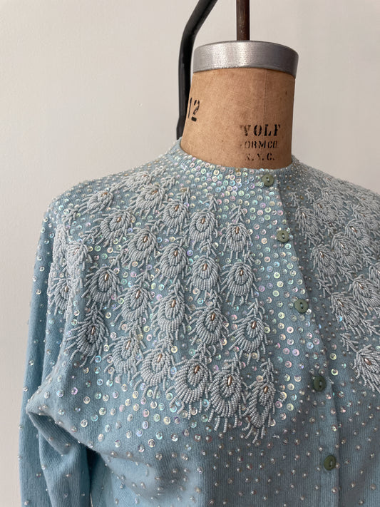 1950s Vintage Pringle of Scotland Pure 100% Cashmere Ice Blue Heavily Beaded Sweater