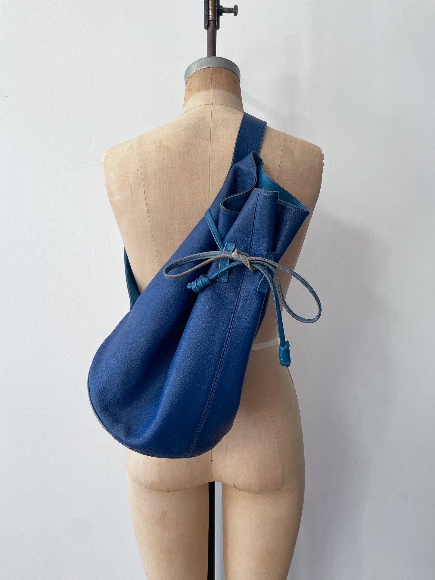 1990s Vintage KENZO Blue Leather Cinch Bucket Bag Crossbody Purse