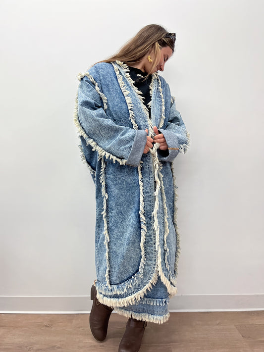 1990s Vintage Denim Medium Stone Wash Fringed Long Full Length Coat by Letty's Ann Arbor