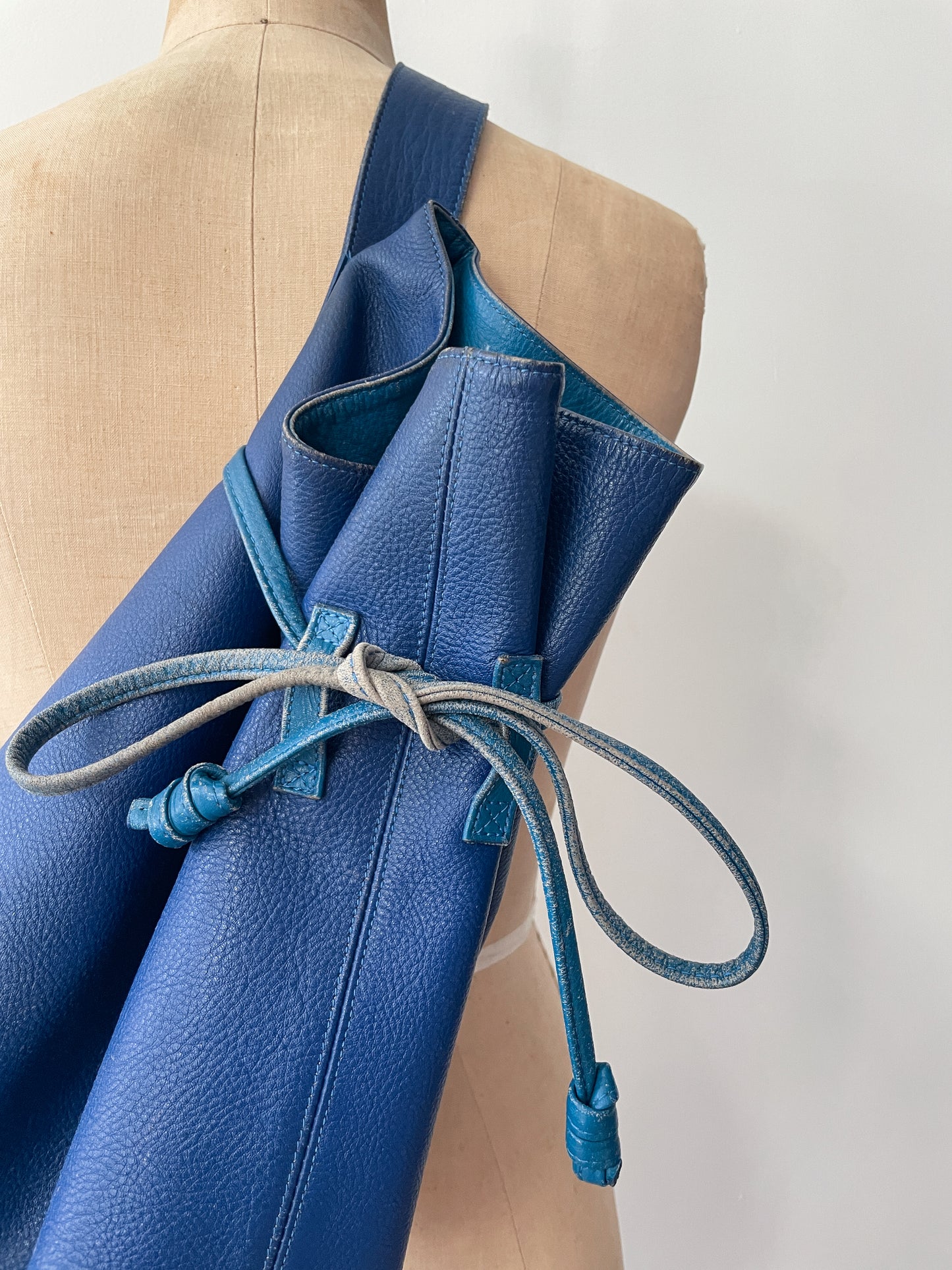 1990s Vintage KENZO Blue Leather Cinch Bucket Bag Crossbody Purse