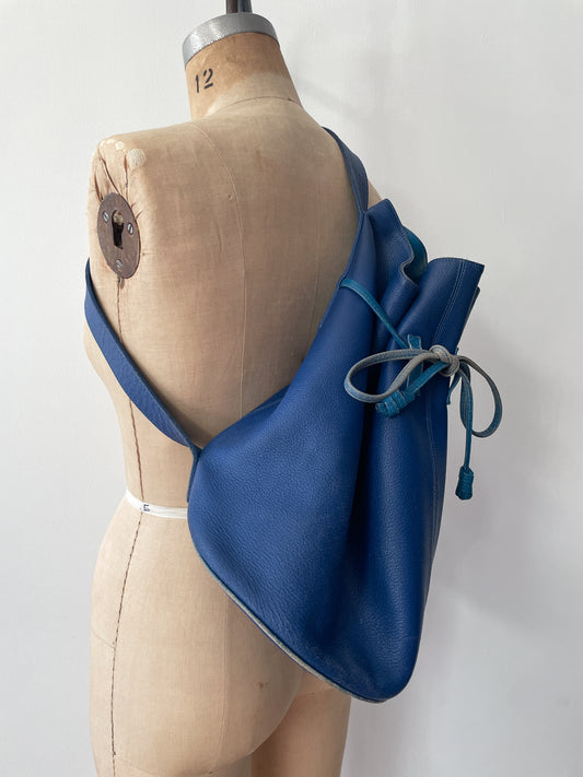 1990s Vintage KENZO Blue Leather Cinch Bucket Bag Crossbody Purse