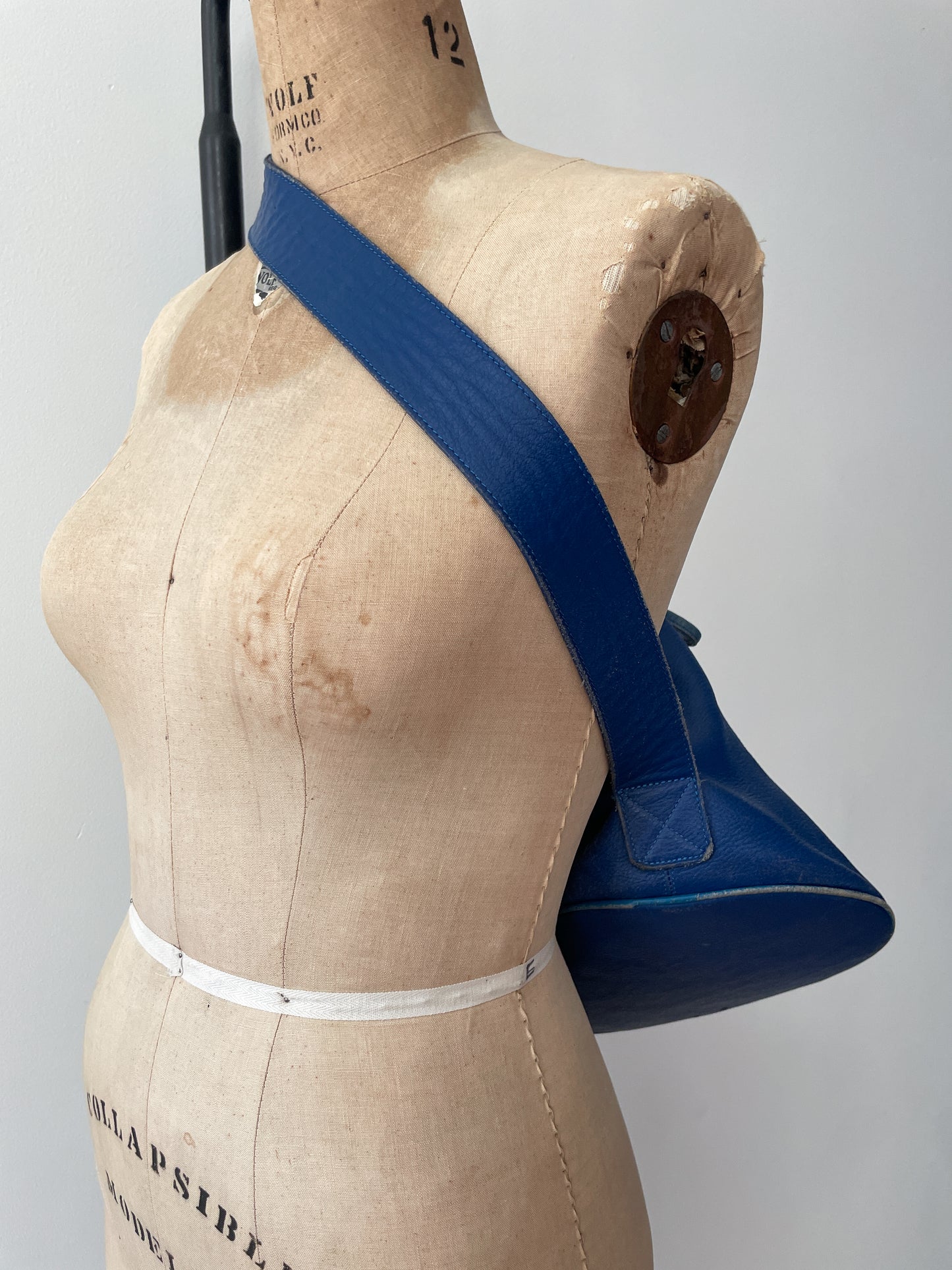 1990s Vintage KENZO Blue Leather Cinch Bucket Bag Crossbody Purse