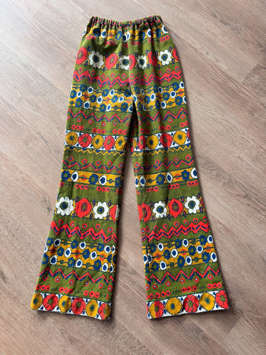 1960s Vintage Barkcloth Psychedelic Floral Zig Zag Bellbottom Pants