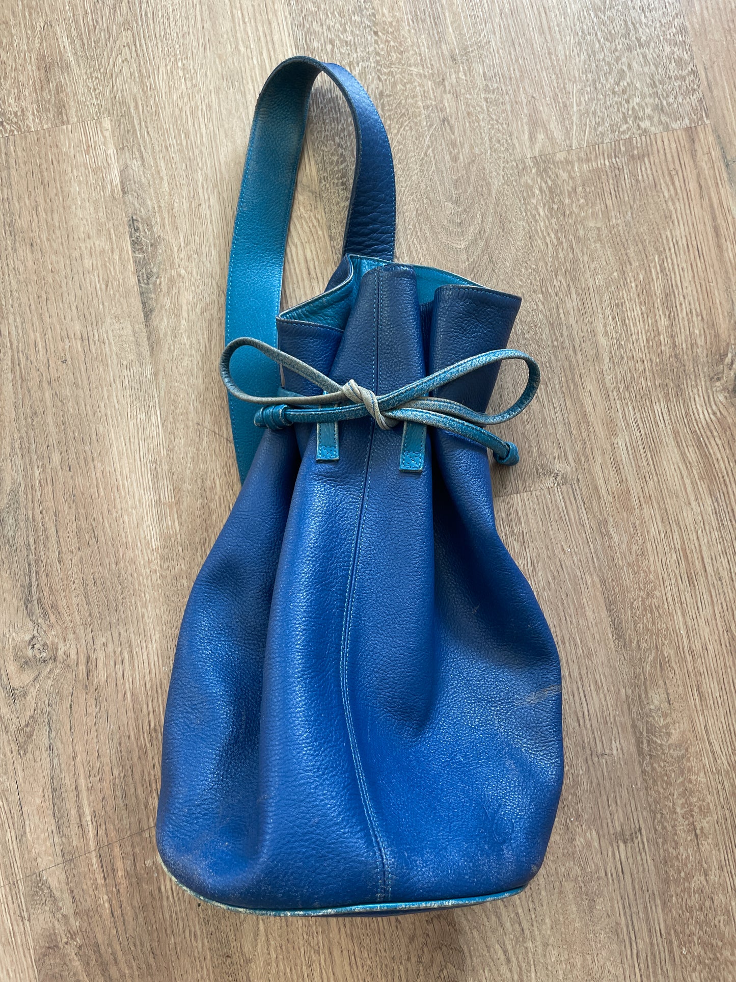 1990s Vintage KENZO Blue Leather Cinch Bucket Bag Crossbody Purse
