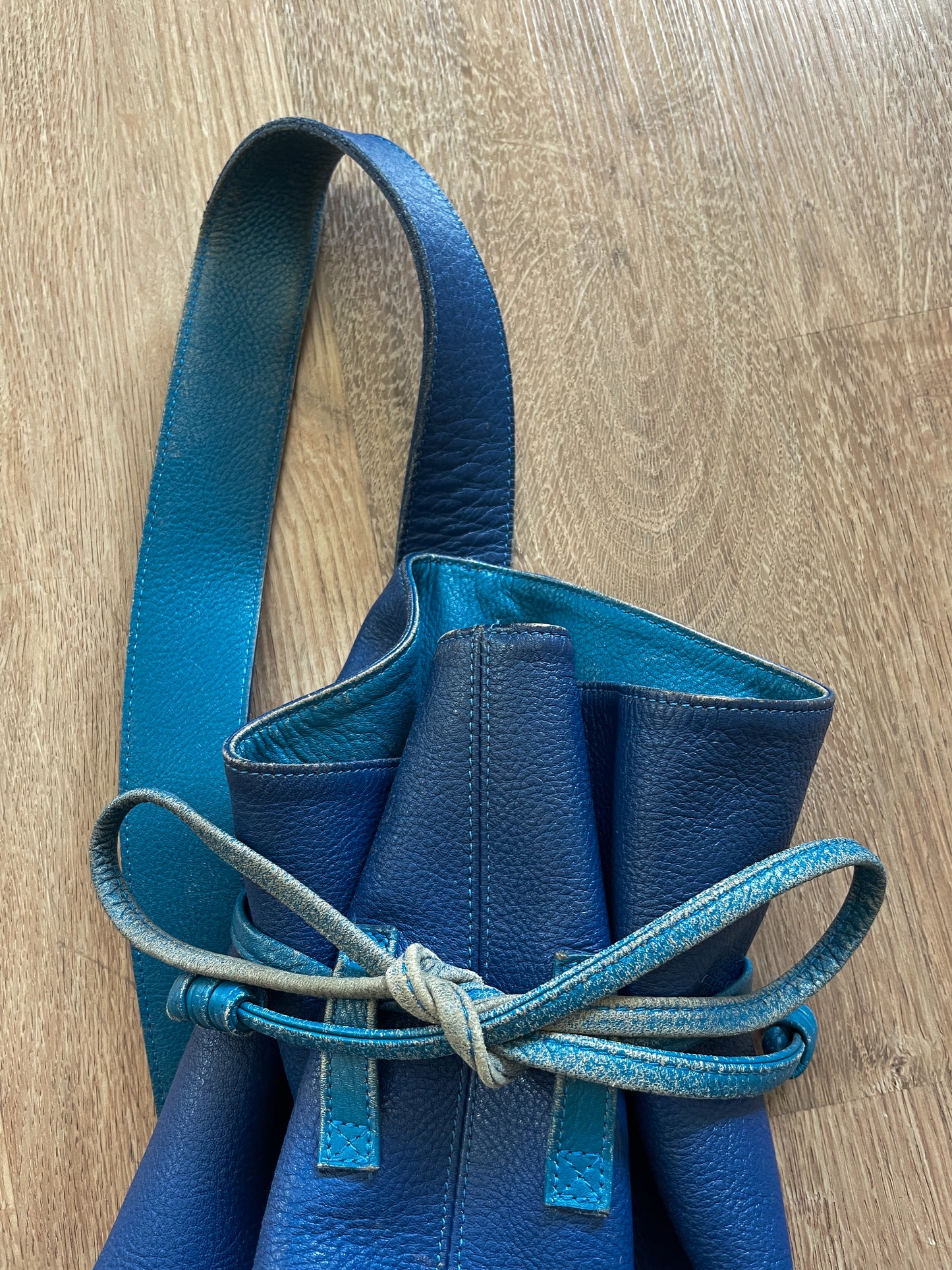 1990s Vintage KENZO Blue Leather Cinch Bucket Bag Crossbody Purse