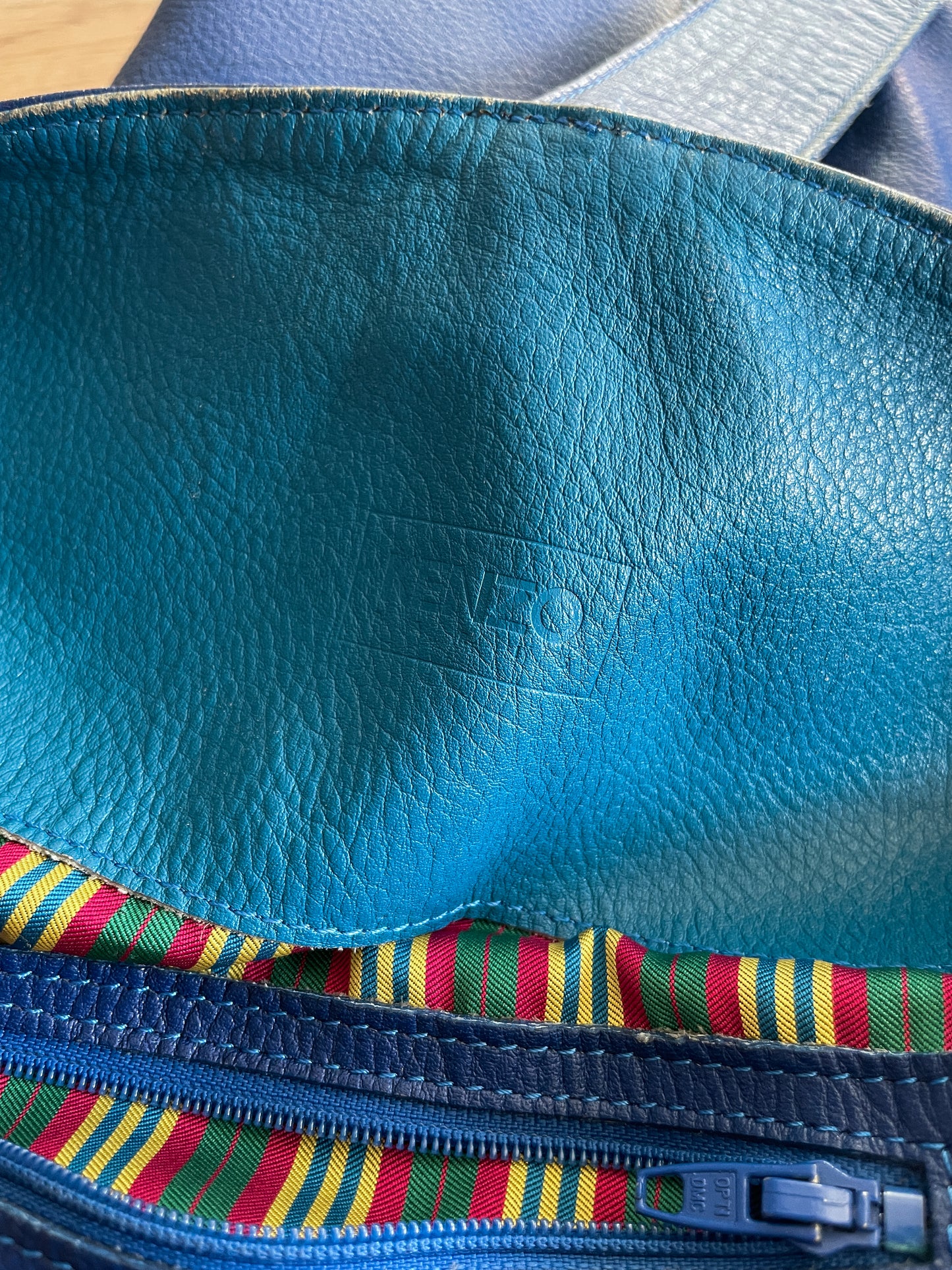 1990s Vintage KENZO Blue Leather Cinch Bucket Bag Crossbody Purse